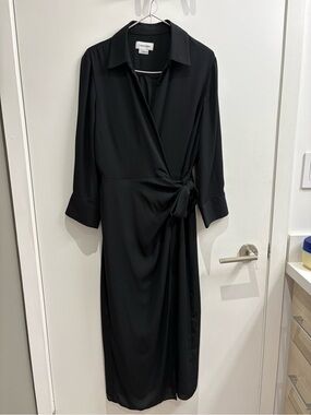 Calvin Klein Black Wrap-Front Midi Dress with Tie Waist